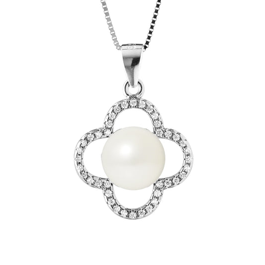 PERLINEA- Collier TrŠfle- Perle de Culture d'Eau Douce- Diamètre 9-10 mm Blanc- Bijou Femme- Argent 925 Millièmes - newshop-tec