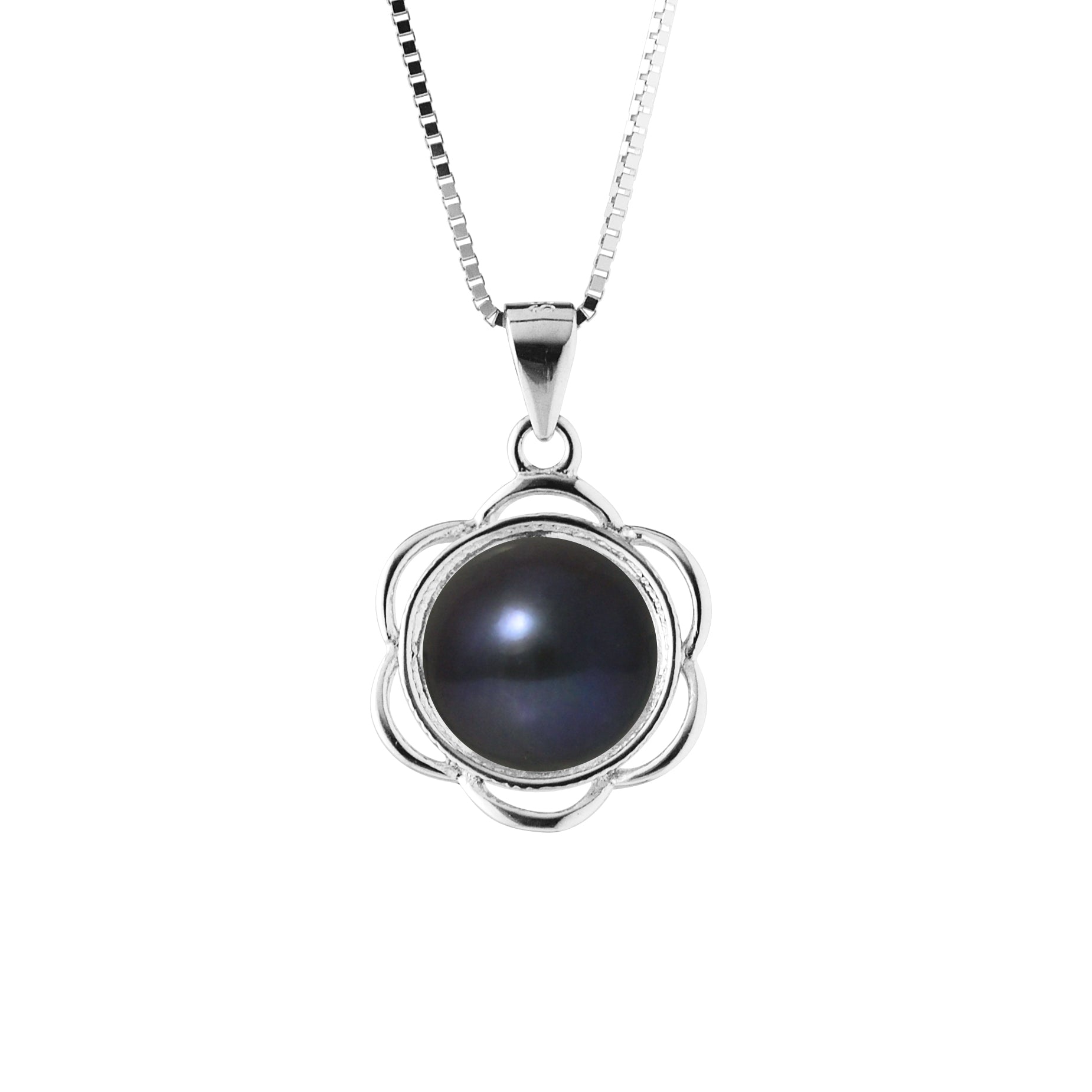 PERLINEA- Collier Fleur- Perle de Culture d'Eau Douce  Bouton 8-9 mm Black Tahiti- Bijou Femme- Argent 925 Millièmes - newshop-tec